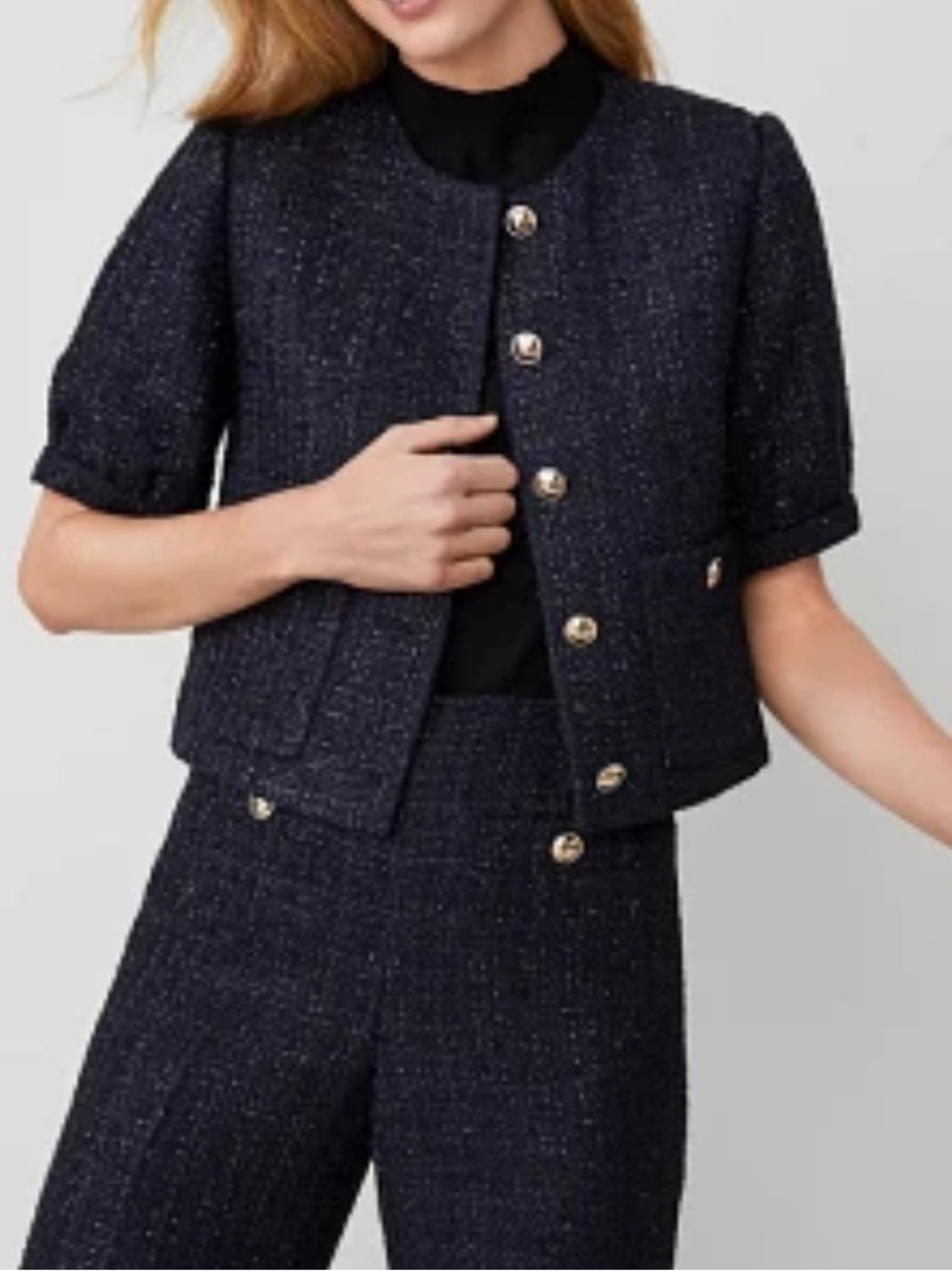 Ann Taylor Navy Tweed Short-Sleeve Jacket